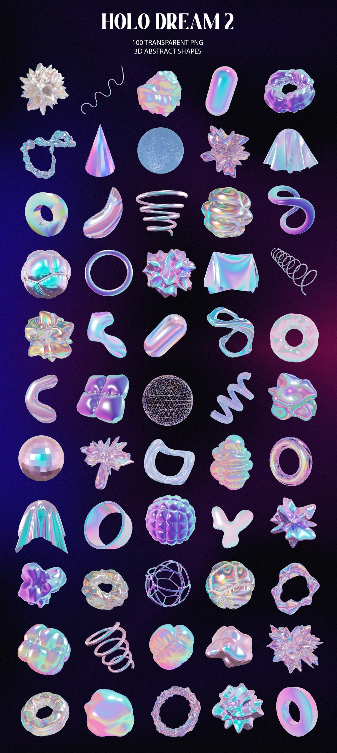 100款全息3D迷幻酸性抽象艺术闪亮PNG设计图形 Holo Iridescence 3D Shapes graphics Vol.2 图片素材 sucaiwan.com