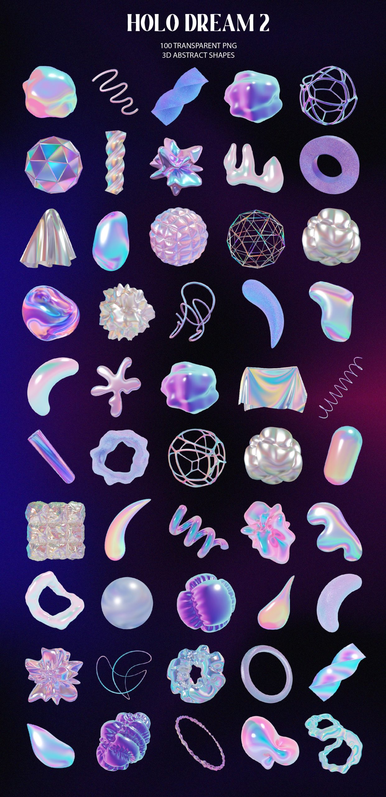 100款全息3D迷幻酸性抽象艺术闪亮PNG设计图形 Holo Iridescence 3D Shapes graphics Vol.2 图片素材 sucaiwan.com