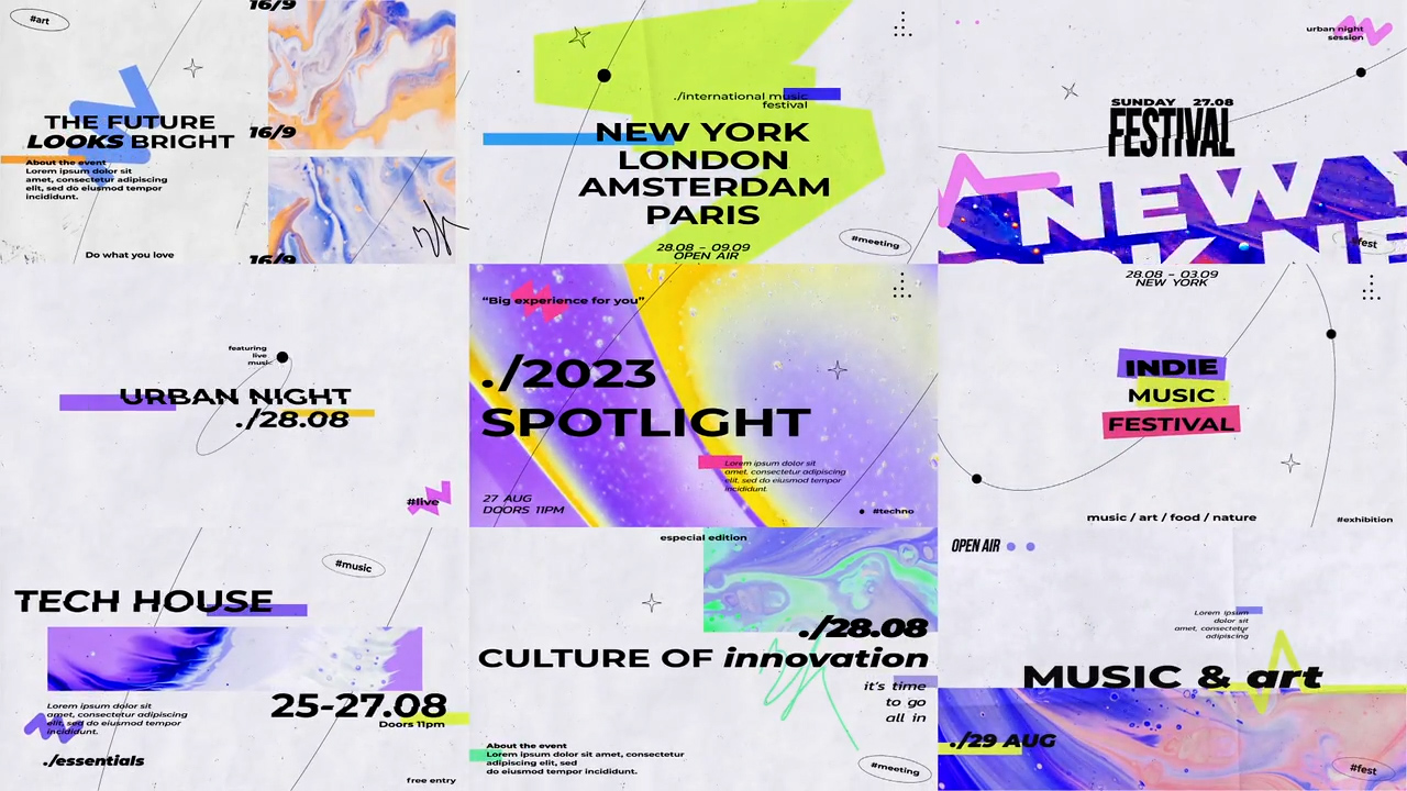 Event Titles 9种时尚色彩缤纷引人注目公司活动视频标题AE模板 + 视频同款背景音乐 影视音频 sucaiwan.com