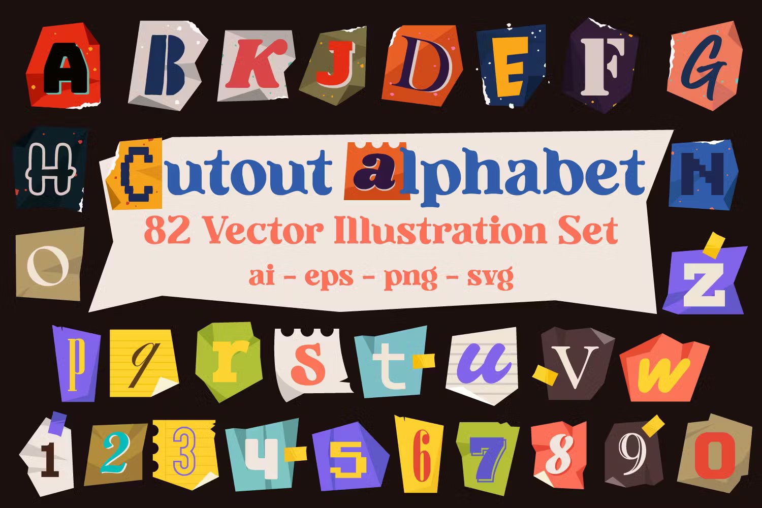 字母和数字/符号艺术拼贴海报杂志社交媒体设计元素PNG/AI Letter Cutout Magazine Texture Ransom 图片素材 sucaiwan.com