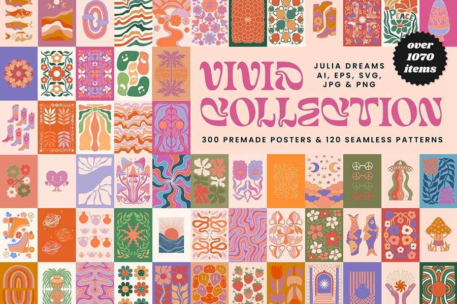 1070多个生动复古和自然海报图案精美时尚、矢量AI、PNG、JPG套装包 1070+ Vivid Posters Patterns Bundle 图片素材 sucaiwan.com