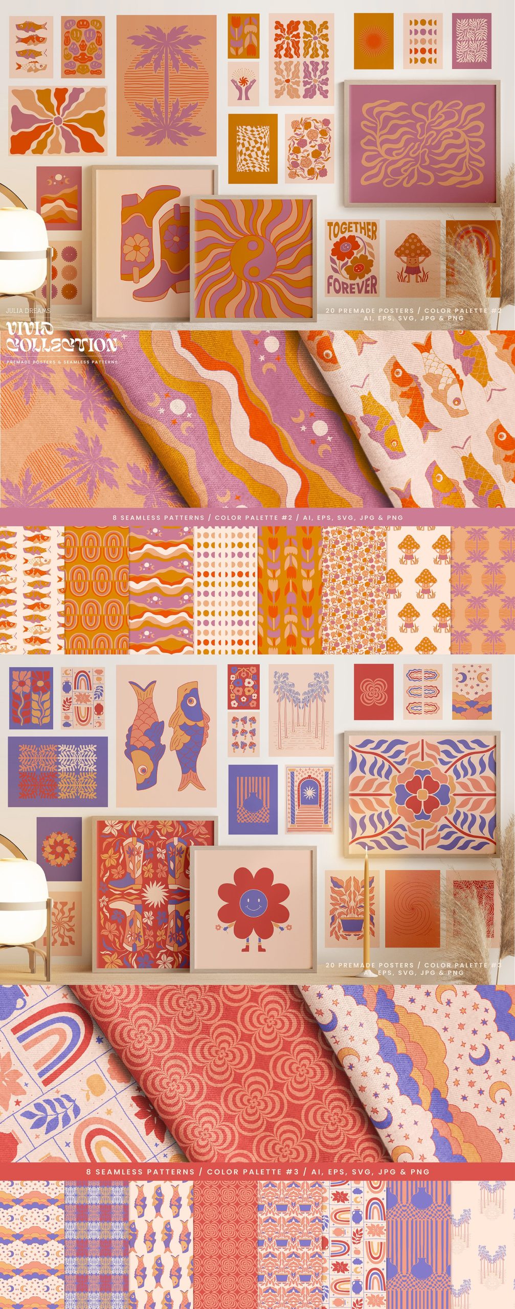 1070多个生动复古和自然海报图案精美时尚、矢量AI、PNG、JPG套装包 1070+ Vivid Posters Patterns Bundle 图片素材 sucaiwan.com