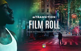 FCPX插件：MotionVFX – mTransition Film Roll 50种时尚复古美学胶片穿孔漏光故障和失真怀旧扭曲转场过渡效果Final Cut Pro插件