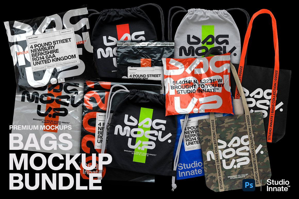 Studio Innate 新潮抽绳运动包手提包塑料袋品牌印花物料PSD模板 Bags – Mockup Bundle 样机素材 sucaiwan.com