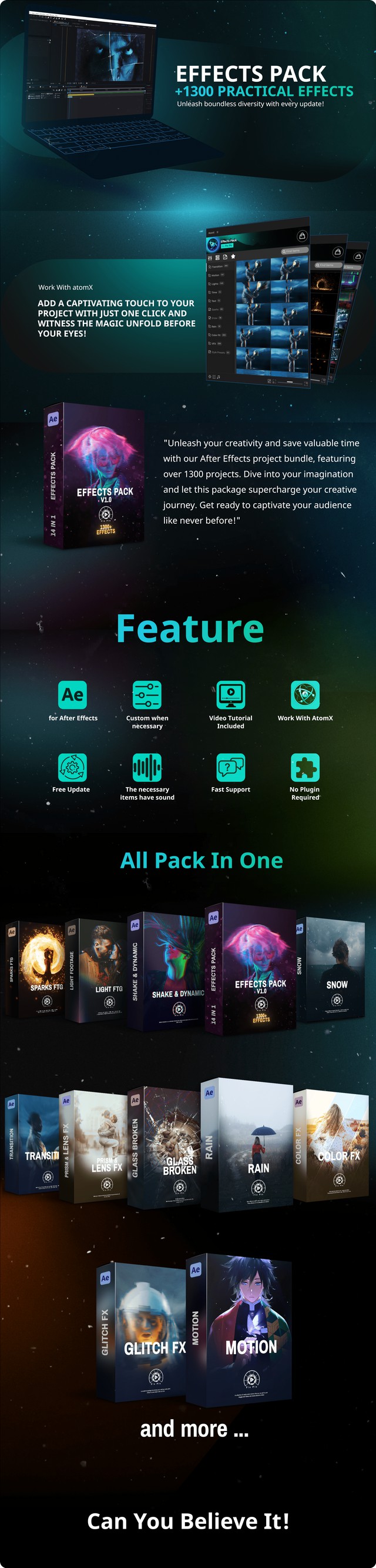 AE插件：Effects Pack V2.0 – Transitions ,Effects ,Footages and Presets and more 1600+转场过渡、效果、素材和预设等 插件预设 sucaiwan.com