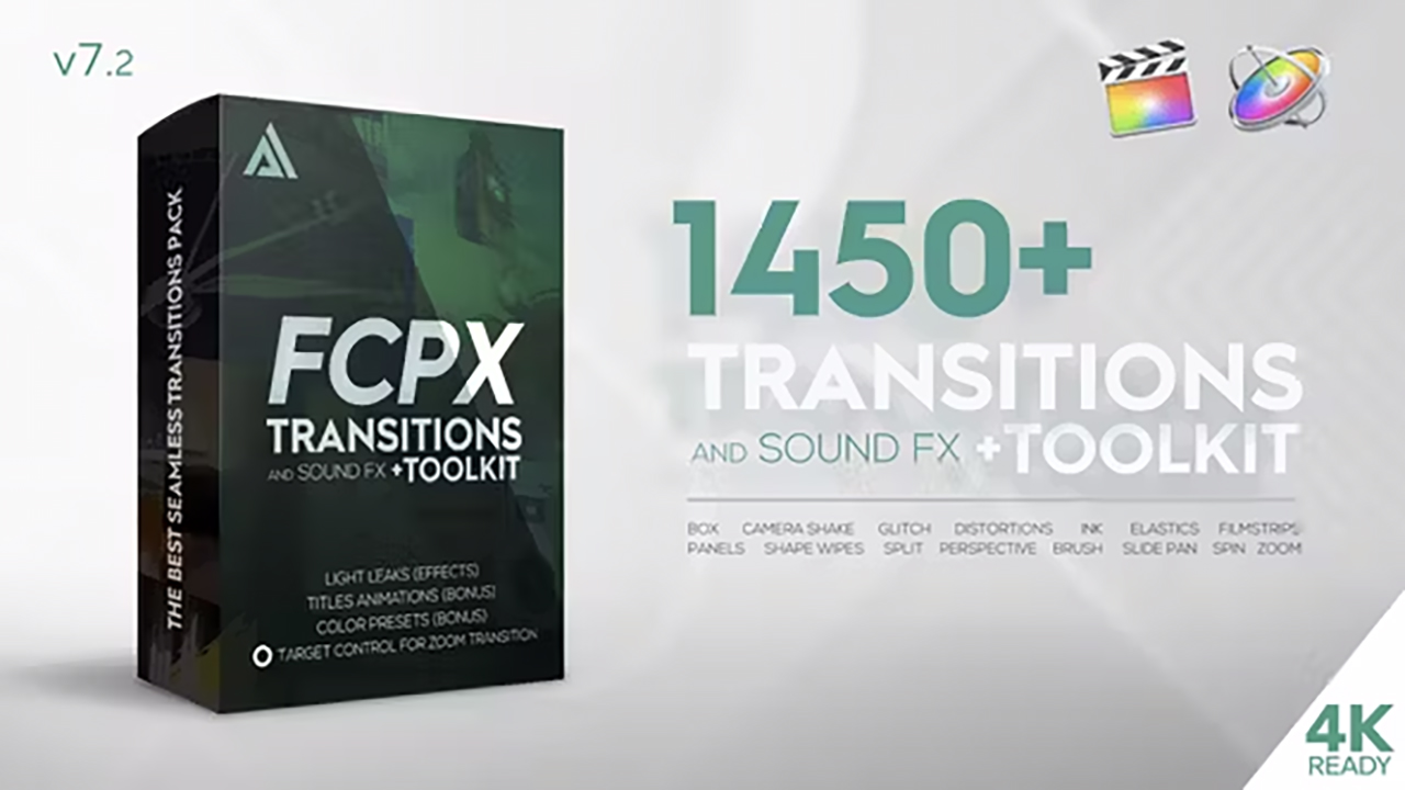 FCPX插件：1000+平移缩放旋转漏光聚光灯像素化器幻灯片故障转场过渡和音效 Transitions and Sound FX + Bonus 插件预设 sucaiwan.com