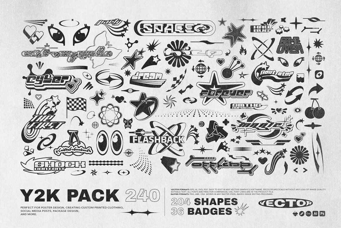 Samolevsky 240个千禧年独特Y2K流行美学矢量形状徽章图形资源包 Y2K 240 Shapes Badges Graphic Styles 图片素材 sucaiwan.com
