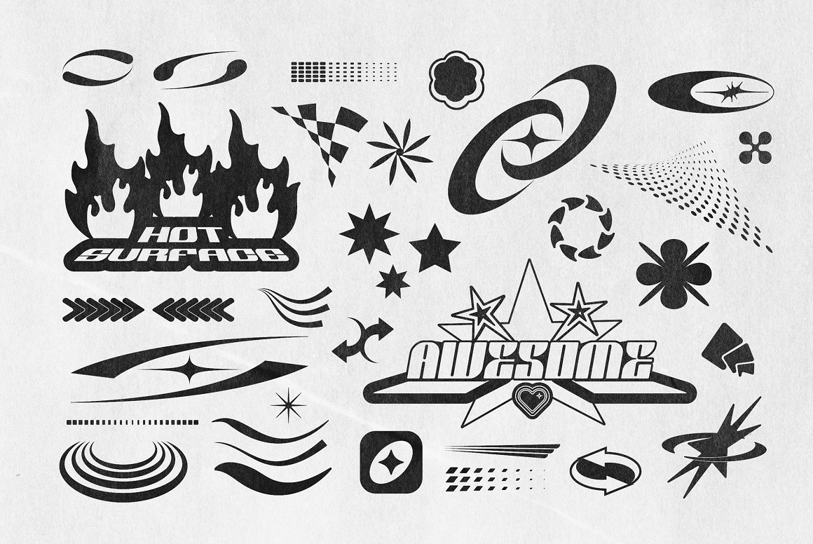 Samolevsky 240个千禧年独特Y2K流行美学矢量形状徽章图形资源包 Y2K 240 Shapes Badges Graphic Styles 图片素材 sucaiwan.com