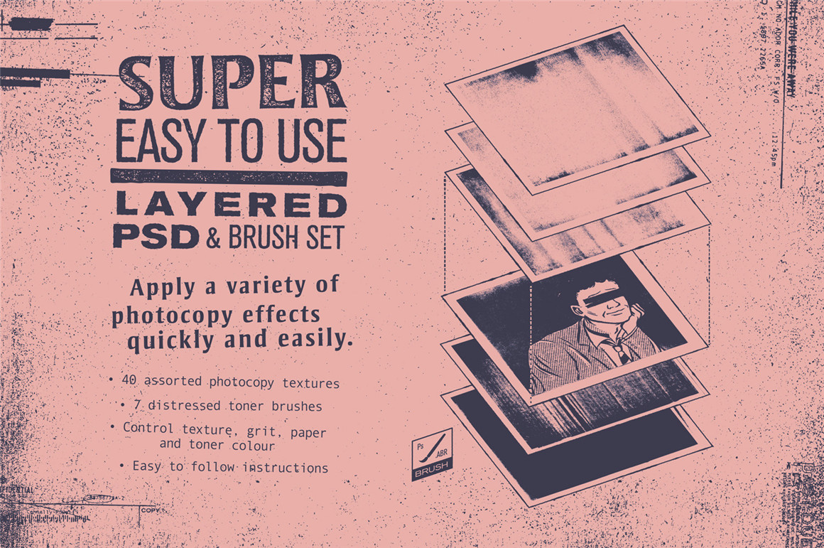复古漫画做旧艺术损坏油墨影印砂砾纸张纹理笔刷合辑 Nasty Copy Photocopy Kit 笔刷资源 sucaiwan.com