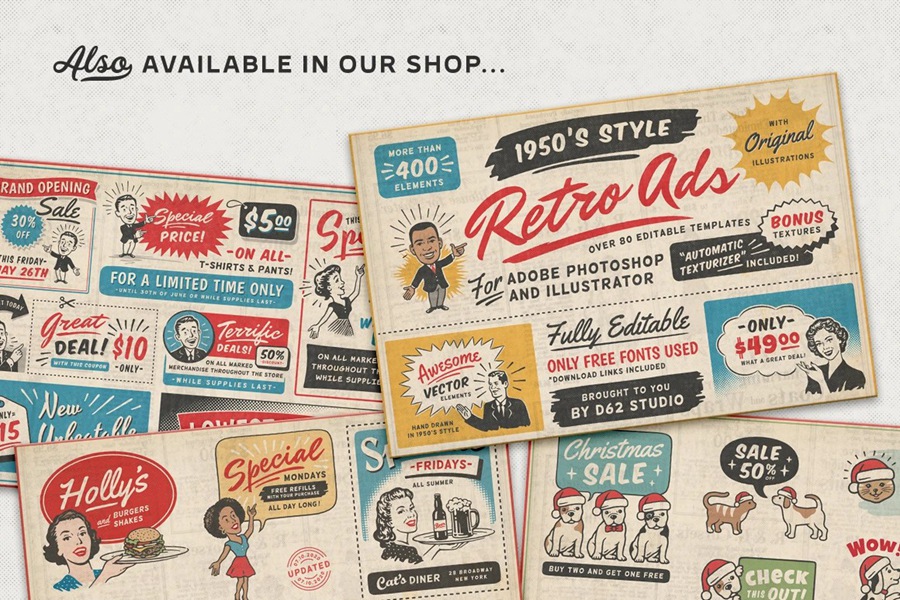 17个复古90年代风格复古新闻纸纹理广告PSD模板 1950s Style Retro Ad Templates , sucaiwan.com