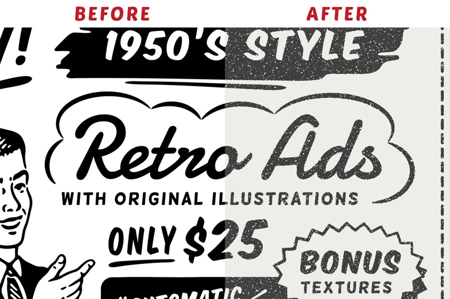 17个复古90年代风格复古新闻纸纹理广告PSD模板 1950s Style Retro Ad Templates , sucaiwan.com
