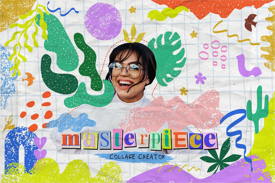 时尚彩色手绘剪贴画纸质信件海报无缝图案字母阿拉伯数字社交媒体拼贴/幼儿园/服装纺织/产品包装/手机壳/AI矢量PNG设计图形 Masterpiece collage creator , sucaiwan.com