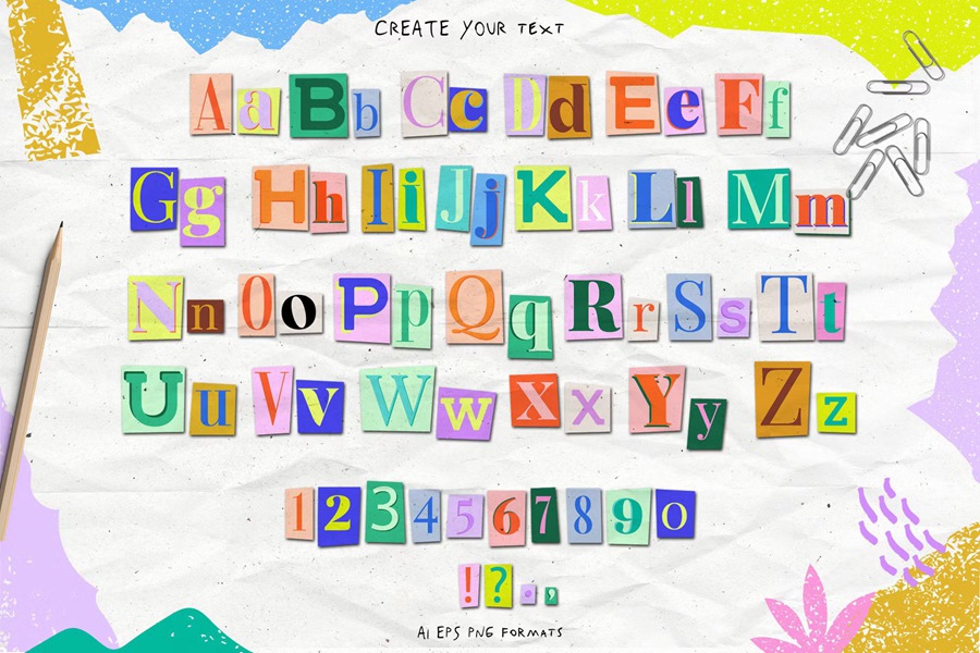 时尚彩色手绘剪贴画纸质信件海报无缝图案字母阿拉伯数字社交媒体拼贴/幼儿园/服装纺织/产品包装/手机壳/AI矢量PNG设计图形 Masterpiece collage creator , sucaiwan.com