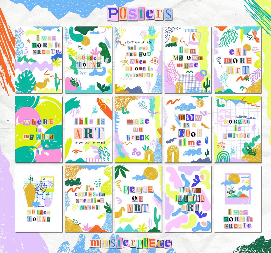 时尚彩色手绘剪贴画纸质信件海报无缝图案字母阿拉伯数字社交媒体拼贴/幼儿园/服装纺织/产品包装/手机壳/AI矢量PNG设计图形 Masterpiece collage creator , sucaiwan.com