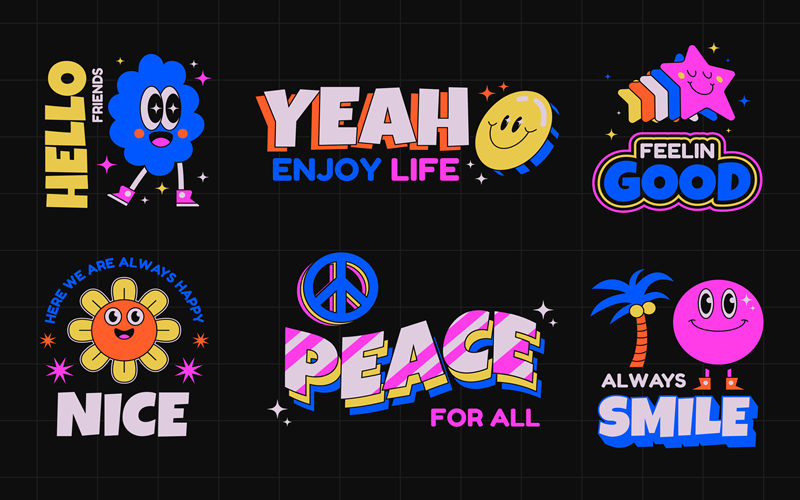 酸性复古潮流趣味手绘卡通元素艺术贴纸标签徽章Ai矢量设计素材 设计素材 sucaiwan.com