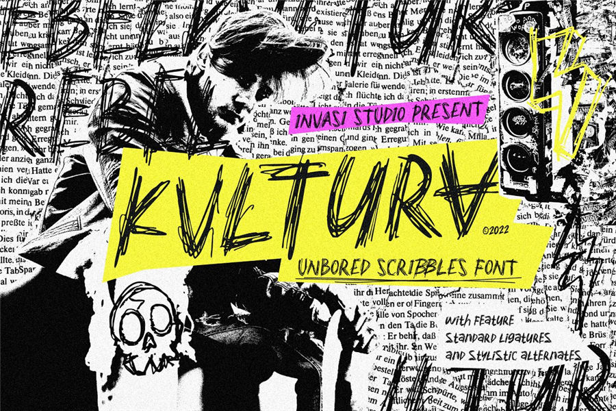 Kvltura 嘻哈hiphop风格炫酷黑白摇滚杂志手绘线条英文字体包 Unbored Scribbles Font 设计素材 sucaiwan.com
