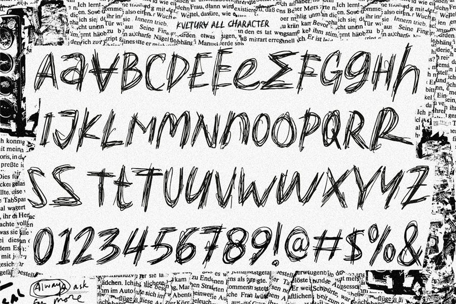 Kvltura 嘻哈hiphop风格炫酷黑白摇滚杂志手绘线条英文字体包 Unbored Scribbles Font 设计素材 sucaiwan.com