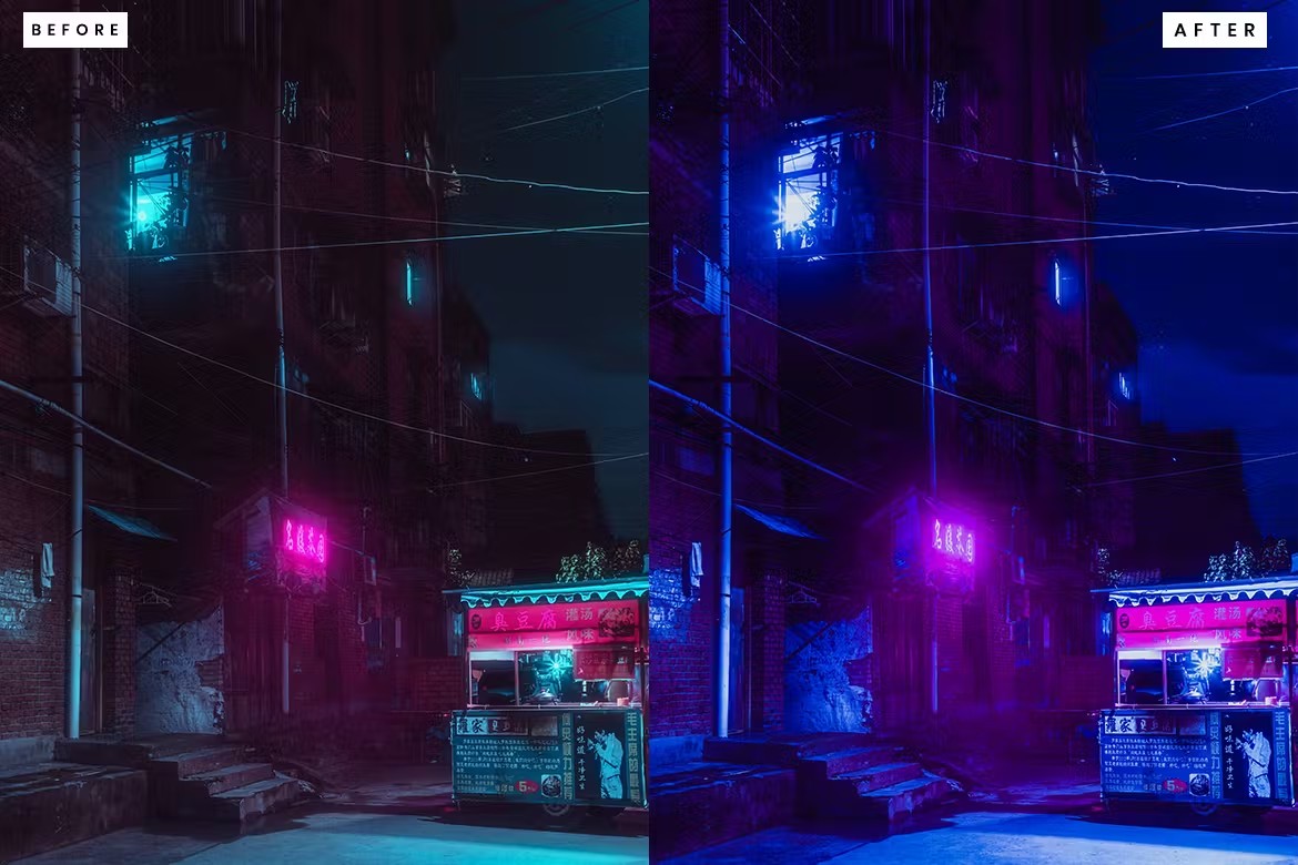 赛博朋克城市灯光摄影后期调色Lightroom预设 Lightroom Presets für Cyberpunk City 插件预设 sucaiwan.com
