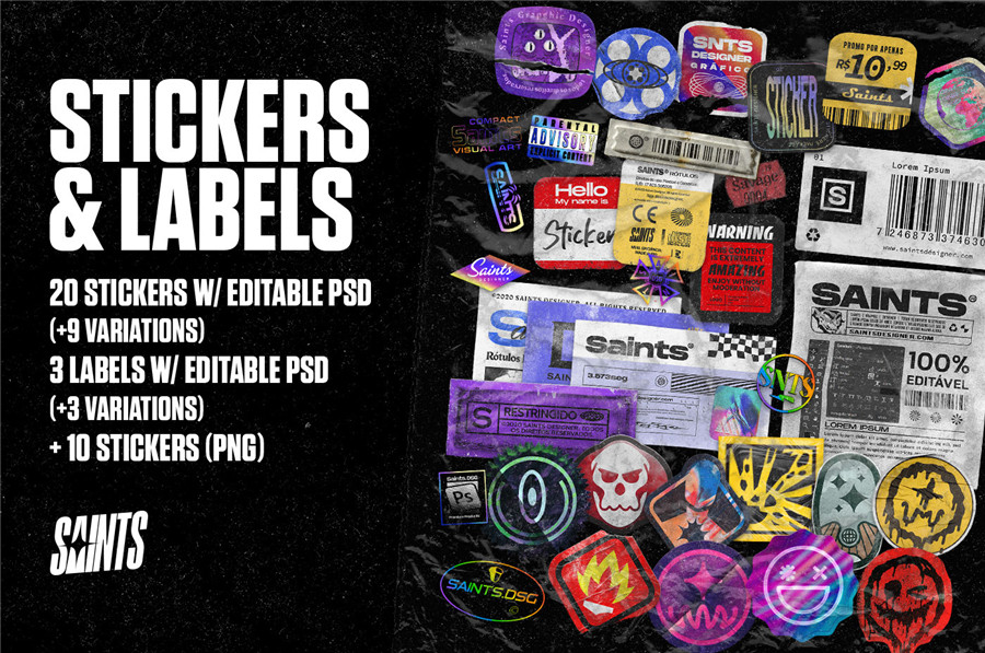 Saints Designer 抽象做旧酸性数字全息撕纸不干胶贴纸标签设计贴图贴纸PNG+PSD素材包 Stickers & Rótulos – Deluxe Edition 图片素材 第1张-素材湾丨精选海外优质设计素材资源 Saints Designer 抽象做旧酸性数字全息撕纸不干胶贴纸标签设计贴图贴纸PNG+PSD素材包 Stickers & Rótulos – Deluxe Edition 图片素材 sucaiwan.com