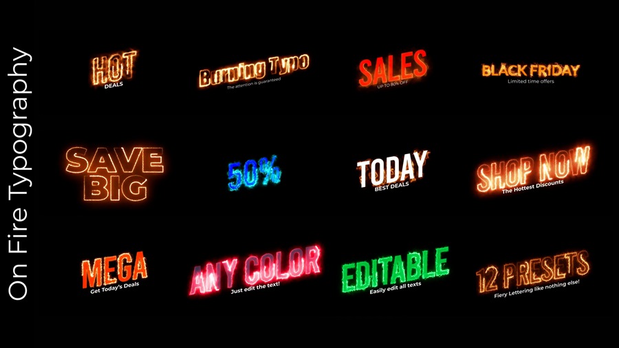 文字标题火焰动画视觉冲击力电影视频制作游戏图形标题特效AE模板/PR Mogrt基本图形 影视音频 sucaiwan.com