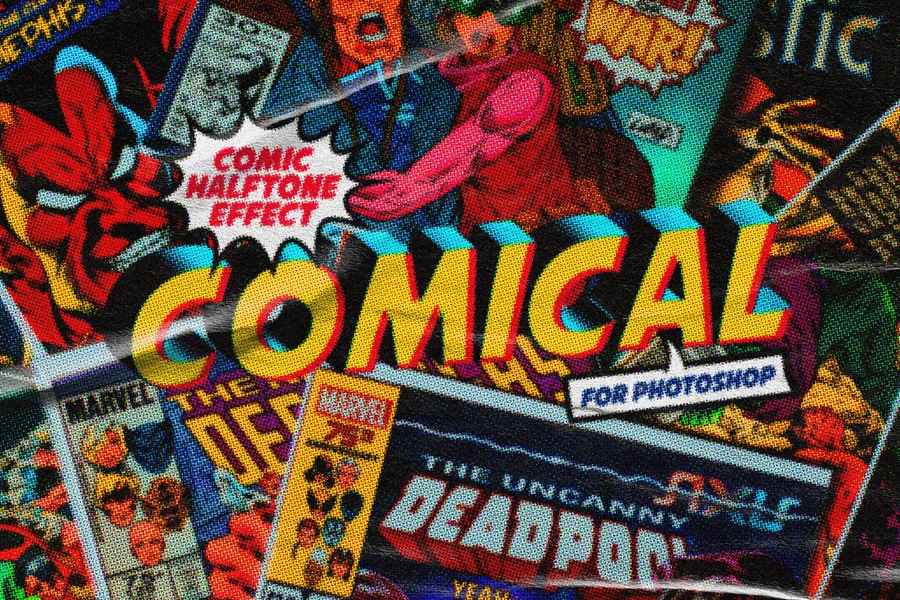 复古彩色半调波点漫画印刷杂志风格图像文本纸张肌理特效叠加PSD样机Comical Comic Halftone Effect 插件预设 第1张-素材湾丨精选海外优质设计素材资源 复古彩色半调波点漫画印刷杂志风格图像文本纸张肌理特效叠加PSD样机Comical Comic Halftone Effect 插件预设 sucaiwan.com