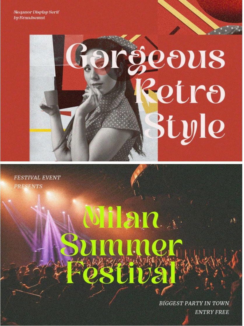 现代优雅酸性逆反差徽标品牌杂志产品海报标题设计PSAI衬线字体 Meqanor , sucaiwan.com