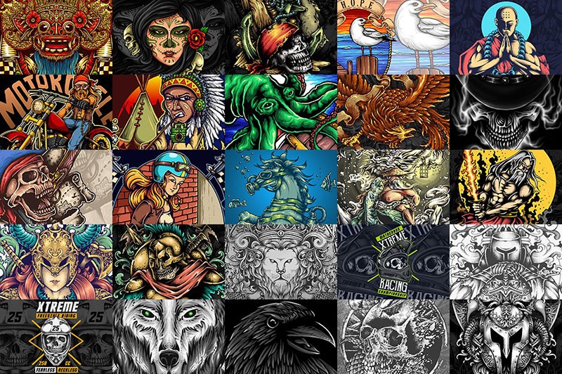 100款T恤印花图案矢量素材，AI源文件 图片素材 sucaiwan.com