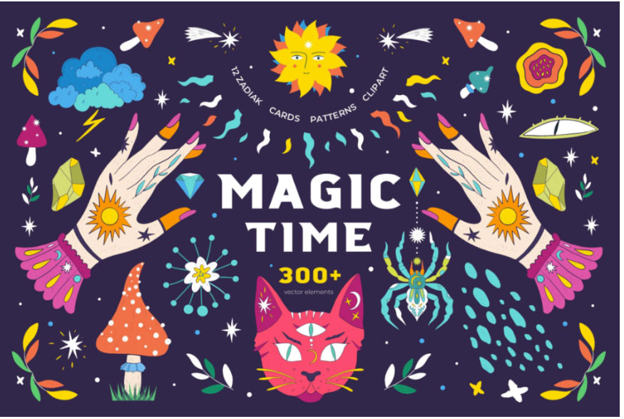 300+款时尚魔法天体太阳月亮花卉线条心形手绘插画AI矢量设计素材 , sucaiwan.com
