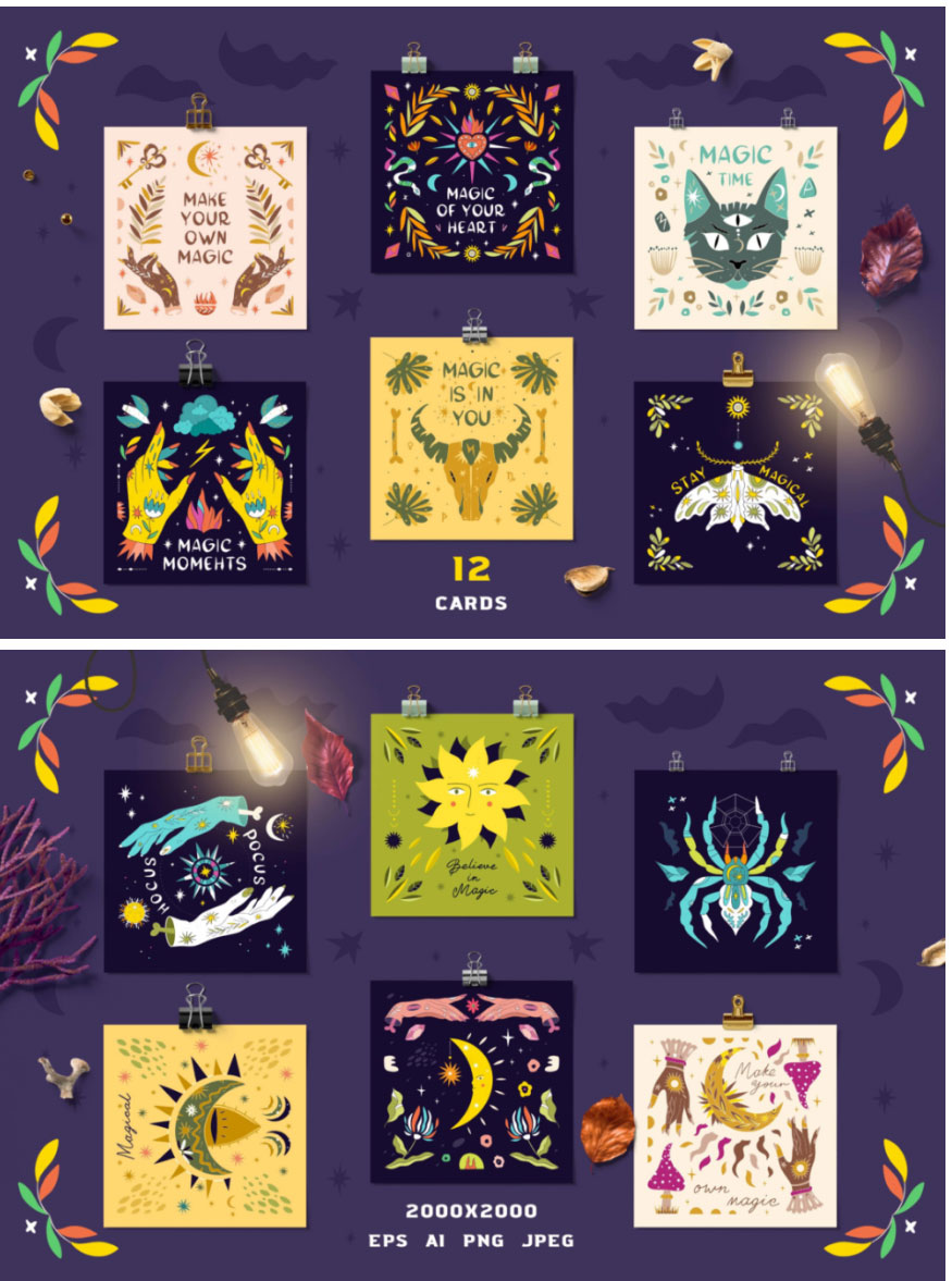 300+款时尚魔法天体太阳月亮花卉线条心形手绘插画AI矢量设计素材 , sucaiwan.com