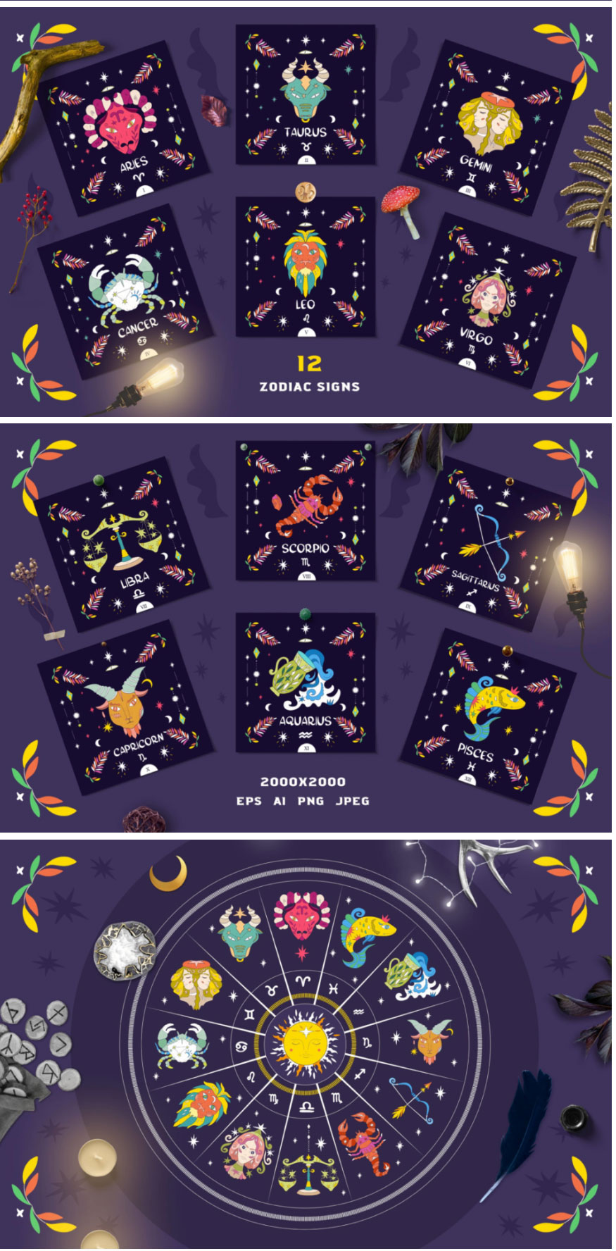 300+款时尚魔法天体太阳月亮花卉线条心形手绘插画AI矢量设计素材 , sucaiwan.com