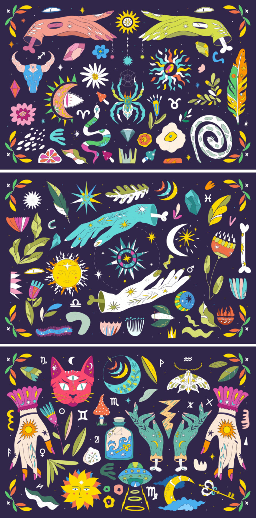 300+款时尚魔法天体太阳月亮花卉线条心形手绘插画AI矢量设计素材 , sucaiwan.com