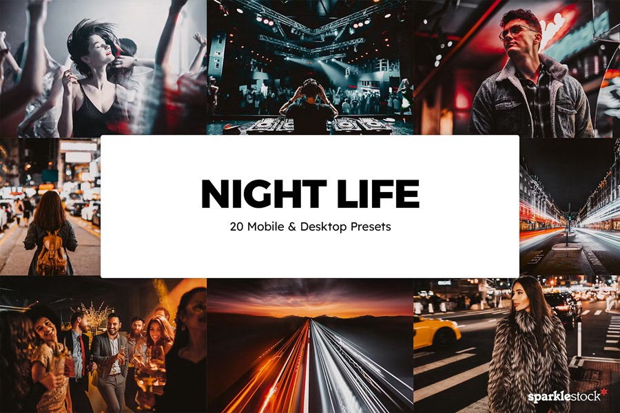 城市夜晚生活派对摄影后期Lightroom预设及电影调色LUT预设 20 Night Life Lightroom Presets und -LUTs 插件预设 sucaiwan.com