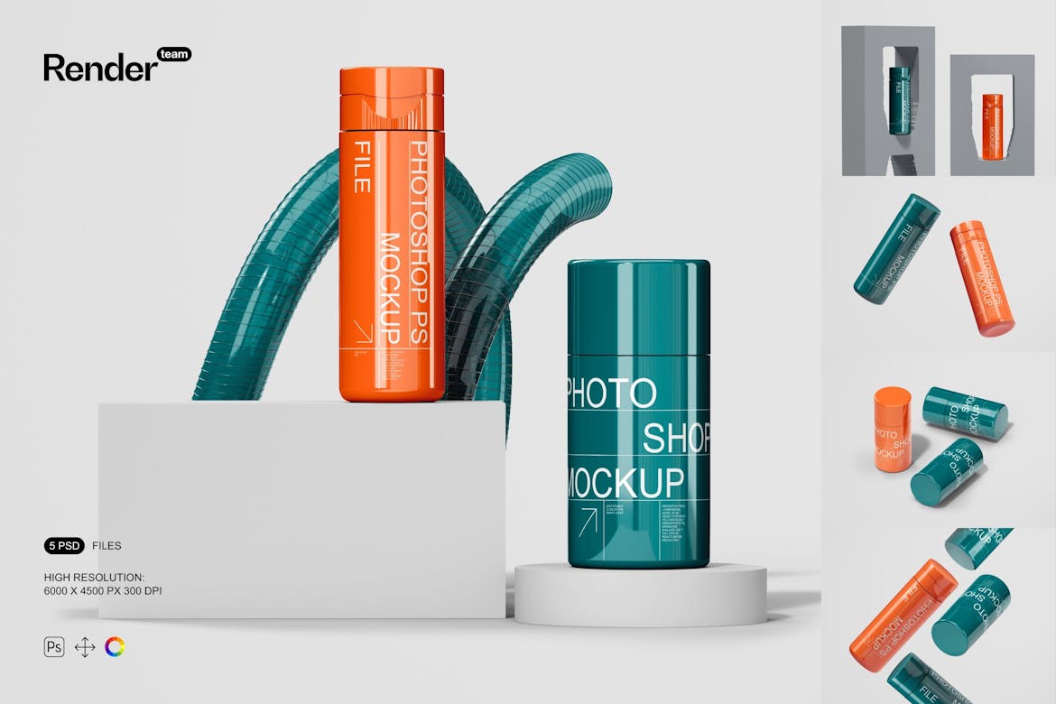 5款极简化妆品护肤品塑料瓶包装瓶设计效果图PSD样机套装Cosmetic Bottle Mockup Set 样机素材 sucaiwan.com