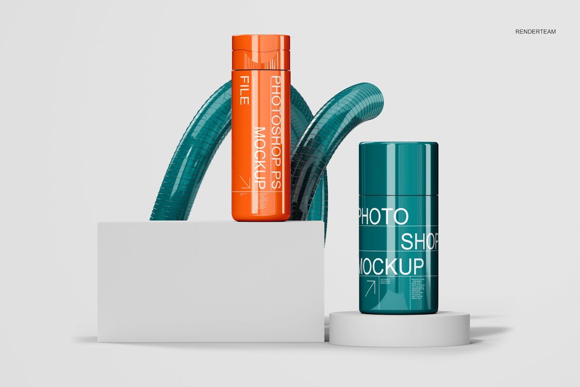 5款极简化妆品护肤品塑料瓶包装瓶设计效果图PSD样机套装Cosmetic Bottle Mockup Set 样机素材 sucaiwan.com