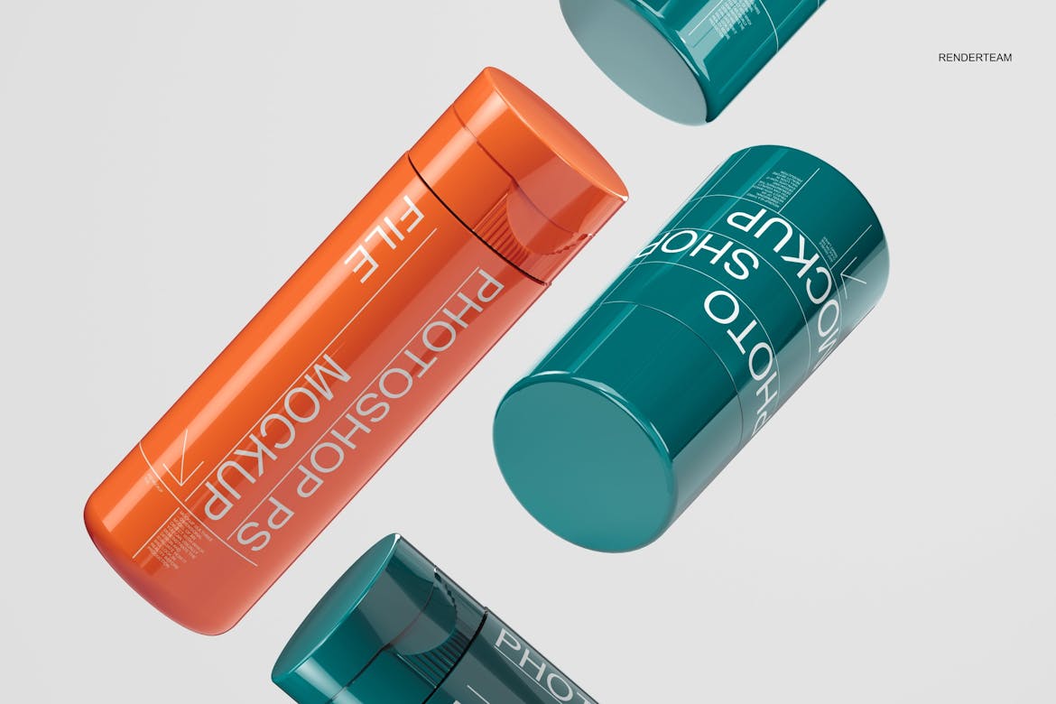 5款极简化妆品护肤品塑料瓶包装瓶设计效果图PSD样机套装Cosmetic Bottle Mockup Set 样机素材 sucaiwan.com