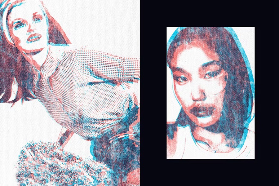 2款复古双色调叠油墨印印刷打印故障重影PSD特效样机Vintage Duotone Overprint Photo Effect 插件预设 sucaiwan.com