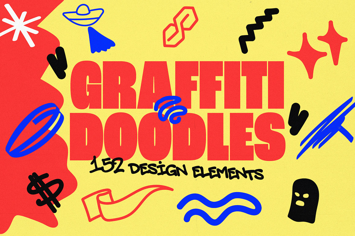 152款90年代复古怀旧手绘涂鸦线条符号图形AI矢量设计素材包 Graffiti Doodles , sucaiwan.com