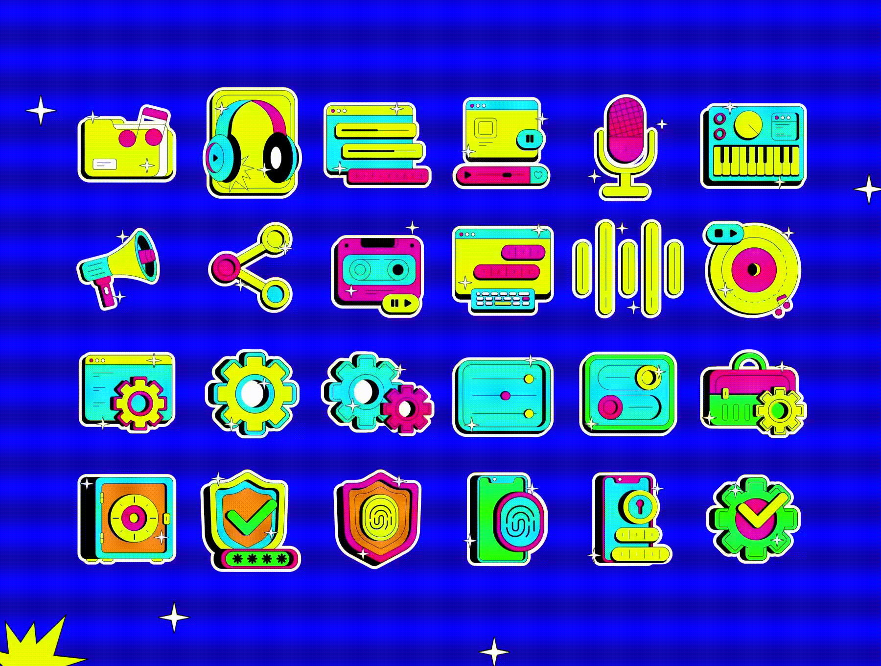 105款现代趣味卡通动态UI图标icon徽标贴纸logo插画AE/JSON/HTML动画设计套装Neo Brutalism Lottie Animation Pack 图标素材 sucaiwan.com
