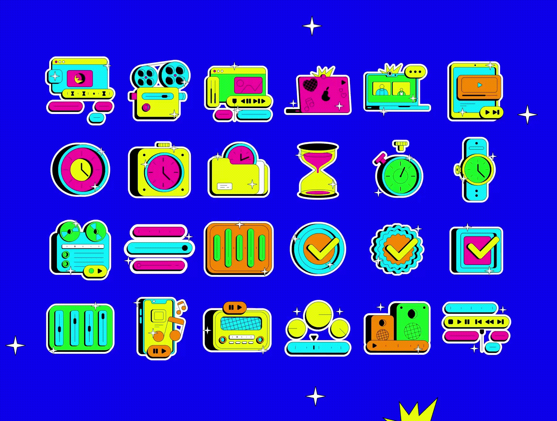 105款现代趣味卡通动态UI图标icon徽标贴纸logo插画AE/JSON/HTML动画设计套装Neo Brutalism Lottie Animation Pack 图标素材 sucaiwan.com