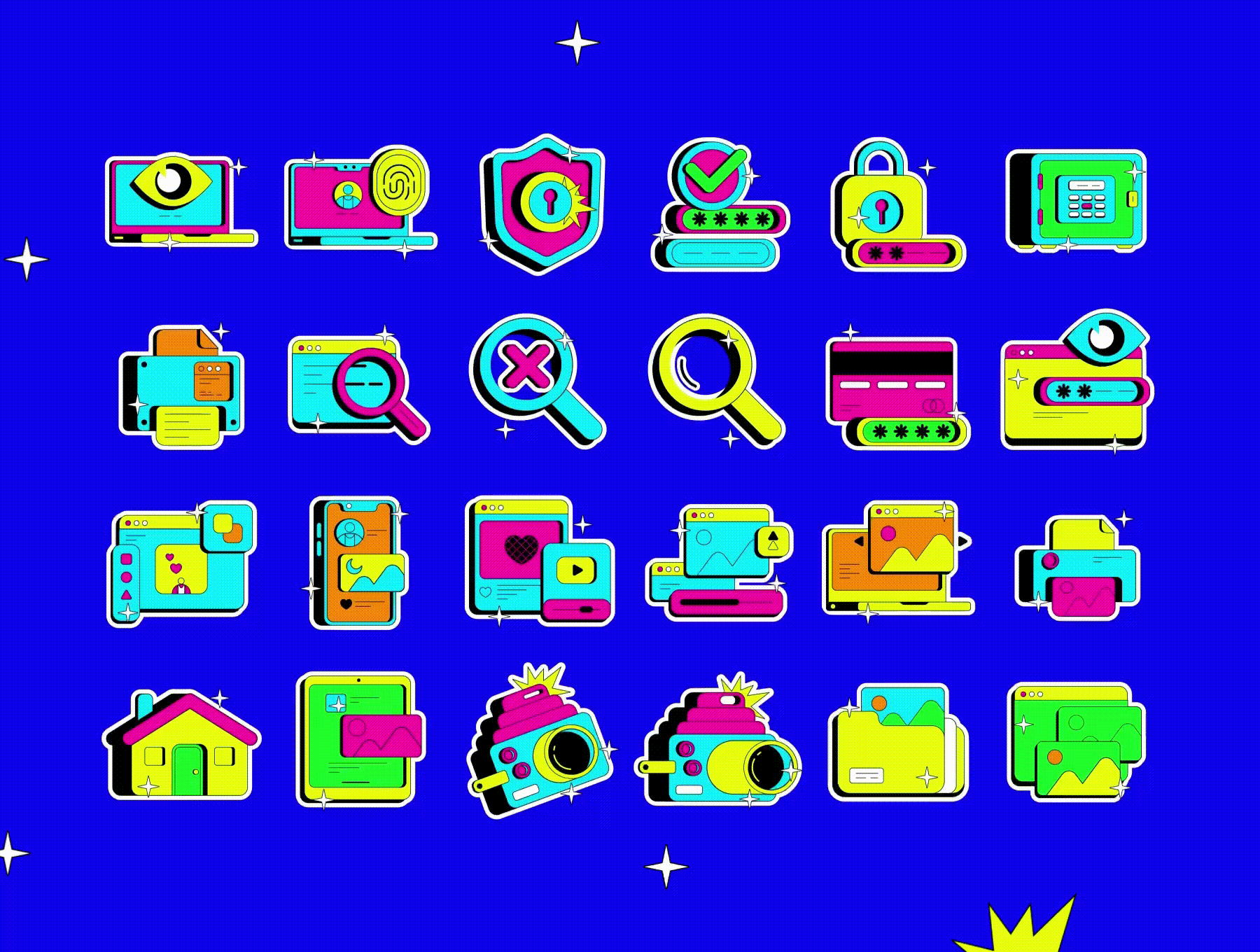 105款现代趣味卡通动态UI图标icon徽标贴纸logo插画AE/JSON/HTML动画设计套装Neo Brutalism Lottie Animation Pack 图标素材 sucaiwan.com