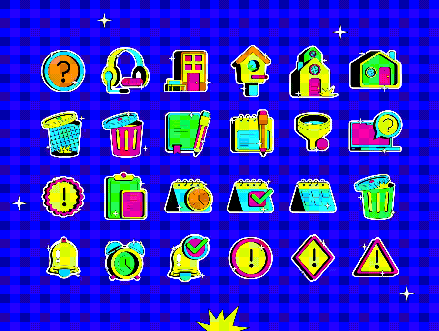 105款现代趣味卡通动态UI图标icon徽标贴纸logo插画AE/JSON/HTML动画设计套装Neo Brutalism Lottie Animation Pack 图标素材 sucaiwan.com