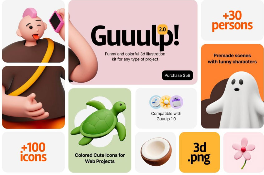 140款现代趣味可爱3D卡通青年人物生活物品PNG免扣图形插画设计套装Guuulp! 2.0, Illustration Constructor , sucaiwan.com