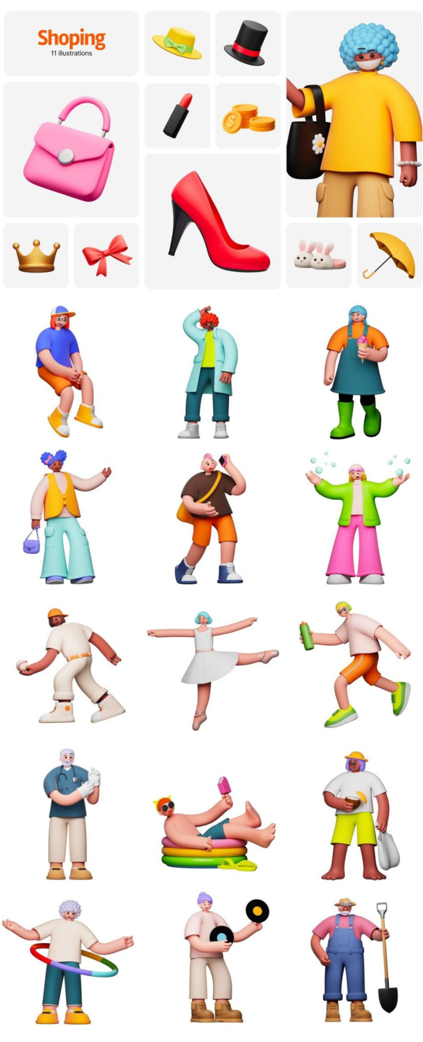 140款现代趣味可爱3D卡通青年人物生活物品PNG免扣图形插画设计套装Guuulp! 2.0, Illustration Constructor , sucaiwan.com