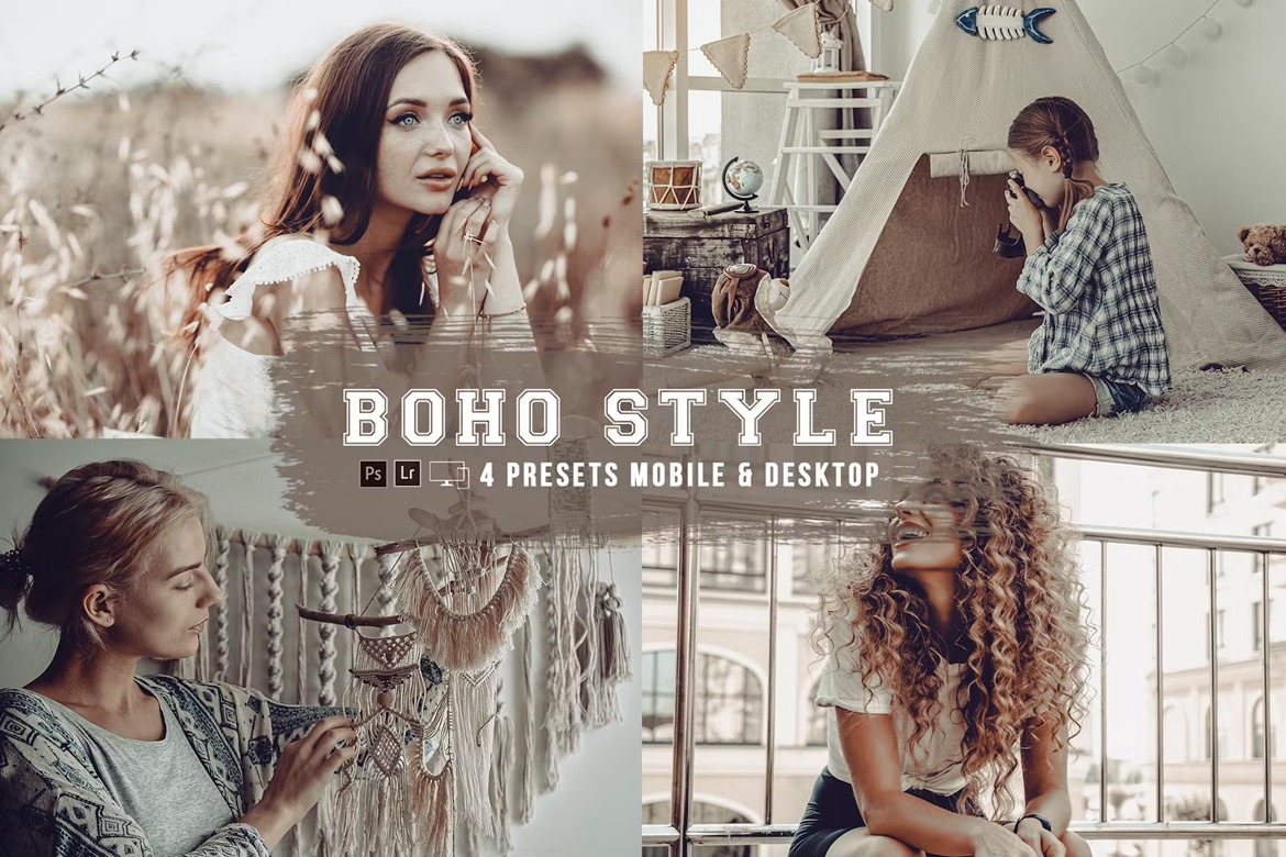 波西米亚复古电影旅拍摄影后期调色Lightroom预设 Boho Style 4 Lightroom Presets für Mobilgeräte und Desktops 插件预设 第1张-素材湾丨精选海外优质设计素材资源 波西米亚复古电影旅拍摄影后期调色Lightroom预设 Boho Style 4 Lightroom Presets für Mobilgeräte und Desktops 插件预设 sucaiwan.com