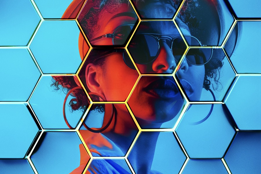 创意马赛克科技蜂窝玻璃效果人像图片修图PS特效滤镜插件样机模板 Hexagonal Photo Effect 样机素材 sucaiwan.com