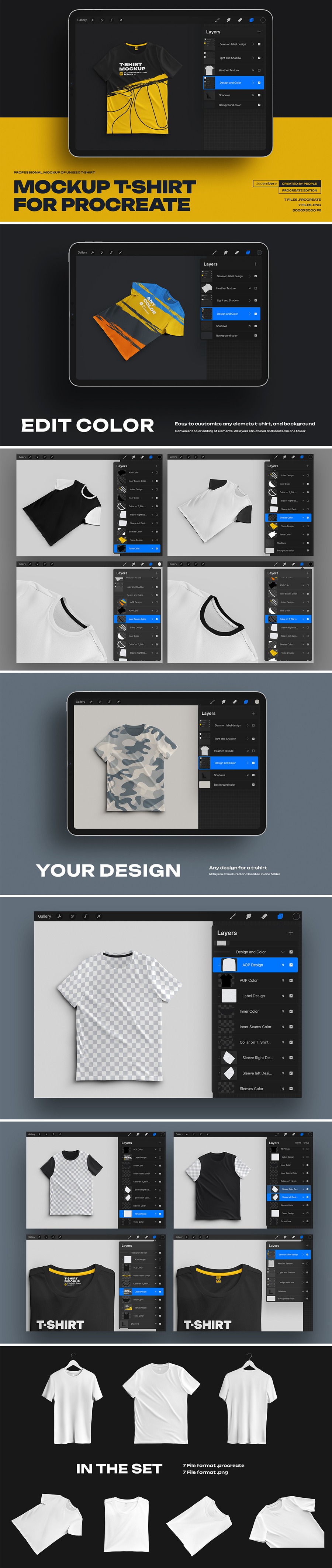 7款中性半袖T恤印花LOGO图案设计展示效果图Procreate模板样机素材 7 Mockups Classic Unisex T-Shirt for Procreate , sucaiwan.com