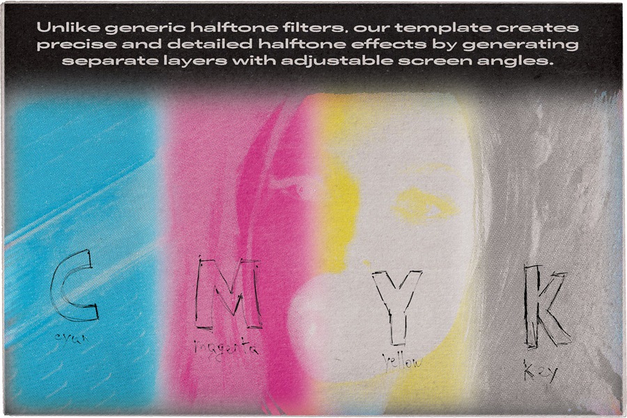 真实复古CMYK半调颗粒丝网印刷做旧PS特效样机动作套装True CMYK Halftone Template , sucaiwan.com