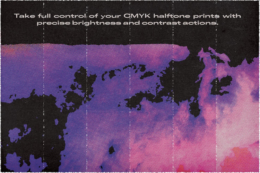 真实复古CMYK半调颗粒丝网印刷做旧PS特效样机动作套装True CMYK Halftone Template , sucaiwan.com