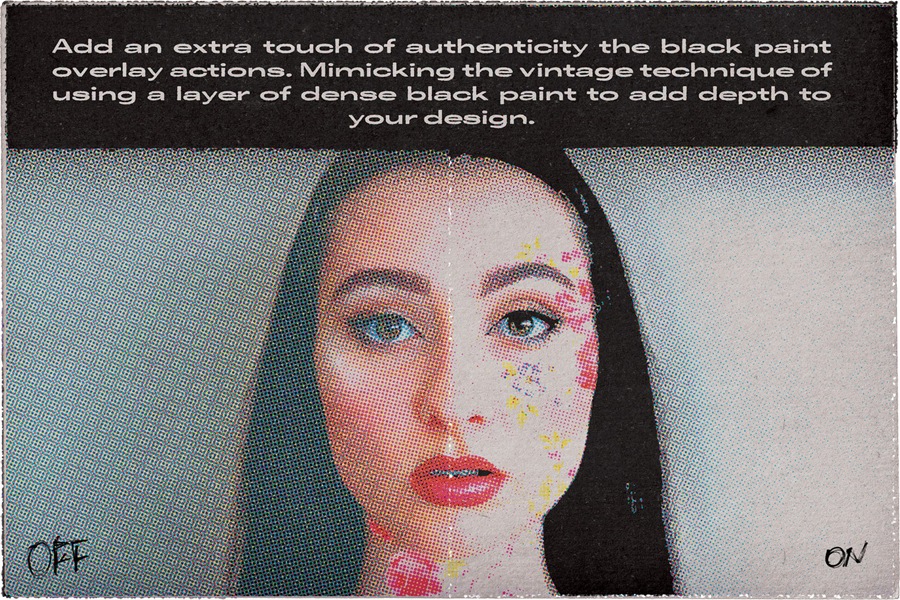 真实复古CMYK半调颗粒丝网印刷做旧PS特效样机动作套装True CMYK Halftone Template , sucaiwan.com