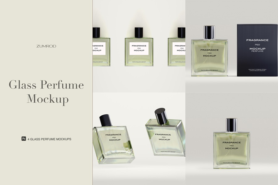 4款极简高档玻璃香水瓶标签包装盒纸盒PSD样机套装Glass Perfume Bottle Mockup , 第1张-素材湾丨精选海外优质设计素材资源 4款极简高档玻璃香水瓶标签包装盒纸盒PSD样机套装Glass Perfume Bottle Mockup , sucaiwan.com